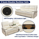 SIENWIEY Power Recliner Sofa Set with LED Lights,Leather Reclining Couch Set 2 Pieces, Creamy White Leather Couch Set with Pull Down Coffee Table/Storage Cabinet/Cup Holders(Sofa+Loveseat) SIENWIEY