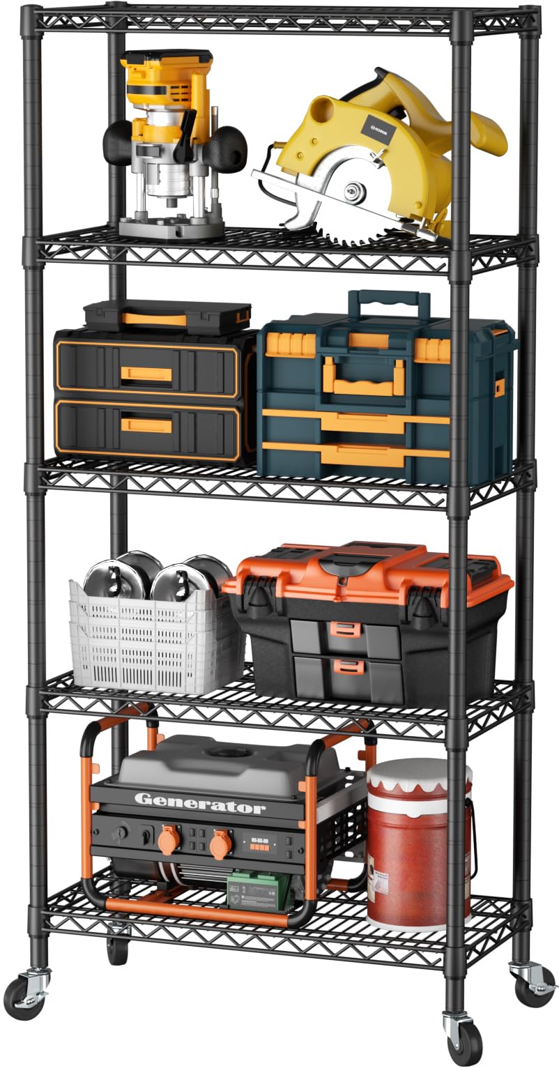 SINGAYE 5 Shelf Adjustable Heavy Duty Storage Shelving Unit with Wheels Steel Organizer Wire Rack Shelves Bathroom Organizers and Shelf Wire Closet Metal Pantry Kitchen Garage 14" DX30 WX70 H Black SINGAYE