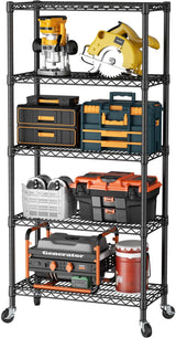 SINGAYE 5 Shelf Adjustable Heavy Duty Storage Shelving Unit with Wheels Steel Organizer Wire Rack Shelves Bathroom Organizers and Shelf Wire Closet Metal Pantry Kitchen Garage 14" DX30 WX70 H Black SINGAYE