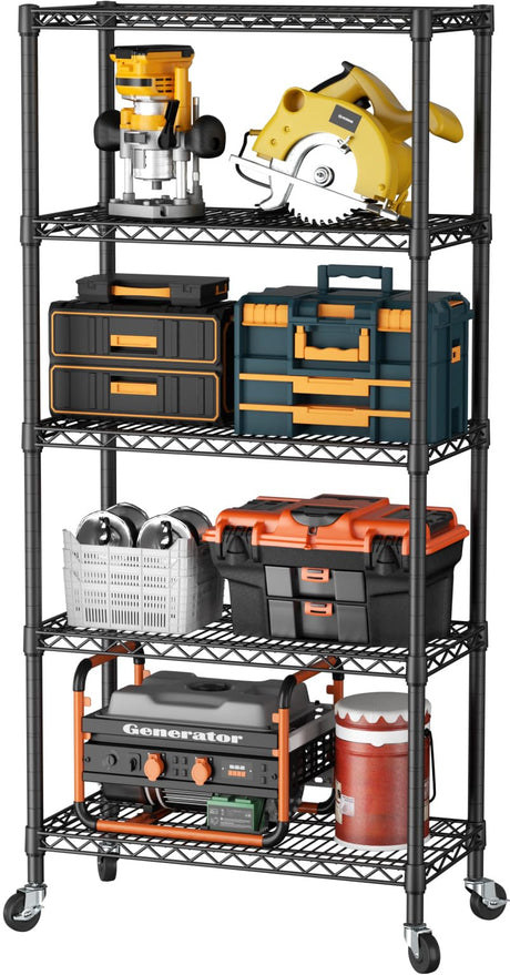 SINGAYE 5 Shelf Adjustable Heavy Duty Storage Shelving Unit with Wheels Steel Organizer Wire Rack Shelves Bathroom Organizers and Shelf Wire Closet Metal Pantry Kitchen Garage 14" DX30 WX70 H Black SINGAYE