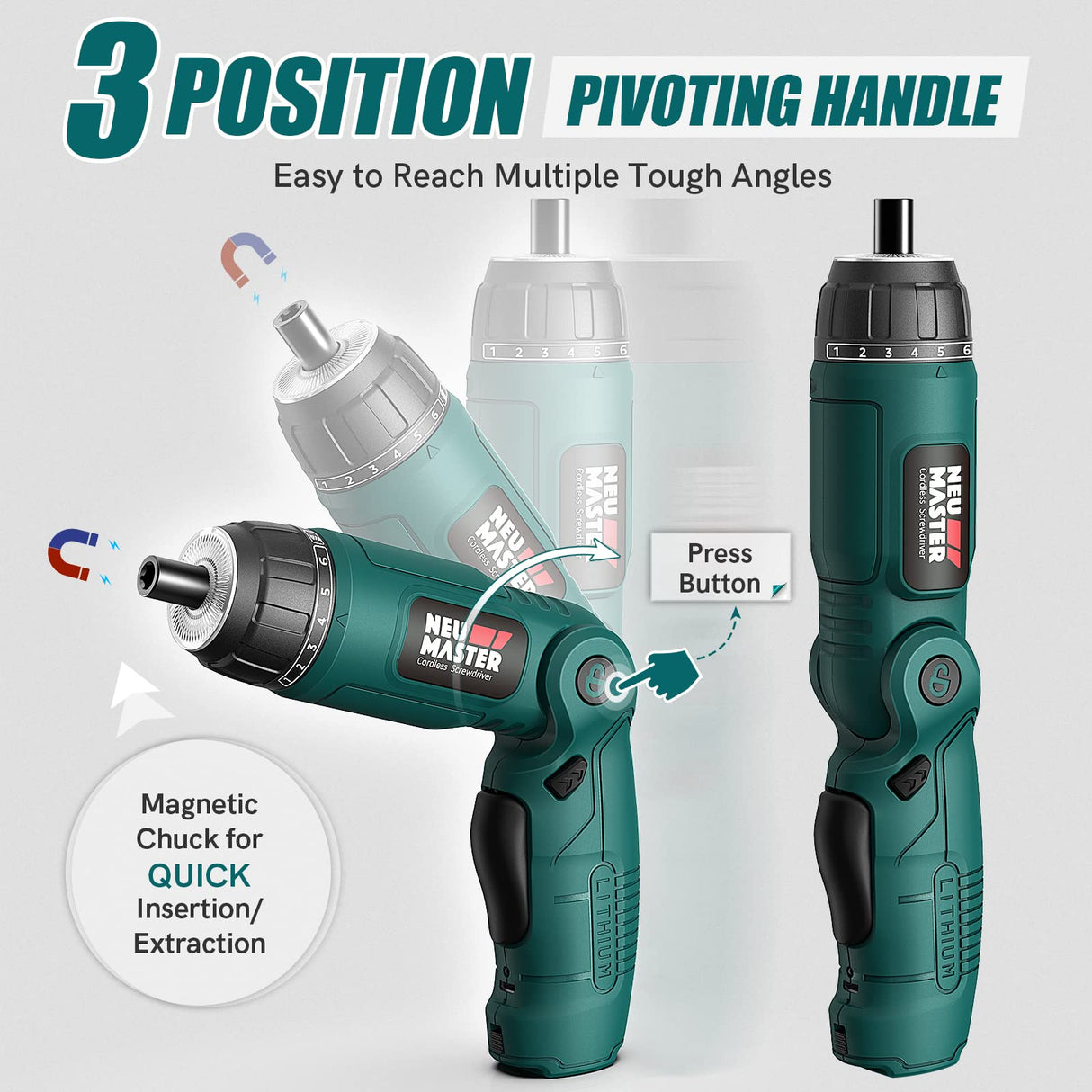 NEU MASTER Cordless Screwdriver, 4V Electric Screwdriver Rechargeable Power Screwdriver With Pivoting Handle, Front And Rear LED Light, 32pcs Bits, 6+1 Torque Setting, 2000 mAh Battery Screwdriver NEU MASTER