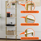 Wolawu Ladder Shelf 4 Tiers Metal Industrial Bookshelf,White Marble Wood Tall Open Storage Rack and Display Shelves,Wall Mount Wide Book Case for Home Office Bedroom,Small Wolawu