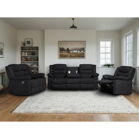 Recliner Sofa Set, Microfiber Manual Reclining Couch Set, 3 Piece Recliner Set with Loveseat, Dropdown Table& Cup Holders, Living Room/Office/Theater Seating (Black) UR livingroom