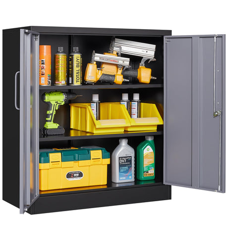 Metal Storage Cabinet with Doors and Shelves,Garage Storage Cabinet with Lock,Black Grey Metal Cabinet with Locking Doors,Steel Cabinet,Lockable Storage Cabinet for Home,Office,Garage Cabinets SISESOL
