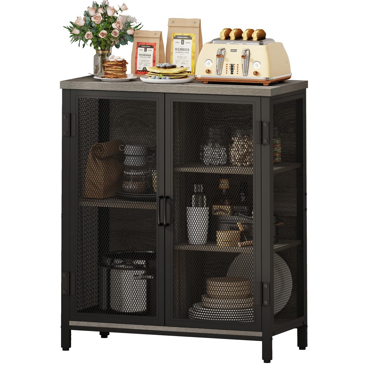 BON AUGURE Small Coffee Bar Cabinet for Liquor, Farmhouse Storage Cabinet with Doors, Wood Sideboard Buffet Cabinets for Home Kitchen, Dining Room, Living Room (Dark Grey Oak) BON AUGURE