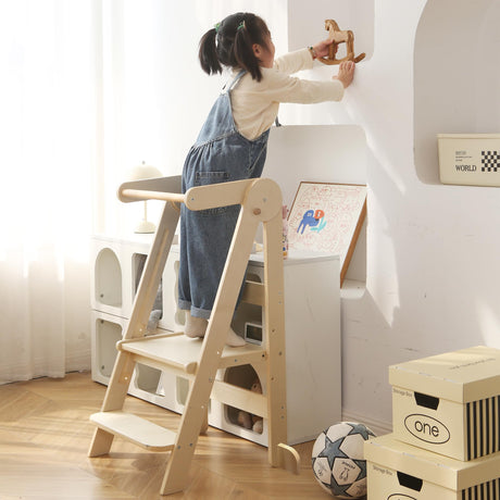 Foldable Toddler Tower 95% Preassembled Kitchen Stool Helper Folding Step Stool for Kids Montessori Toddler Standing Tower with 3 Adjustable Height Helper Tower for Kitchen Counter Sink Natural SHWWQUE