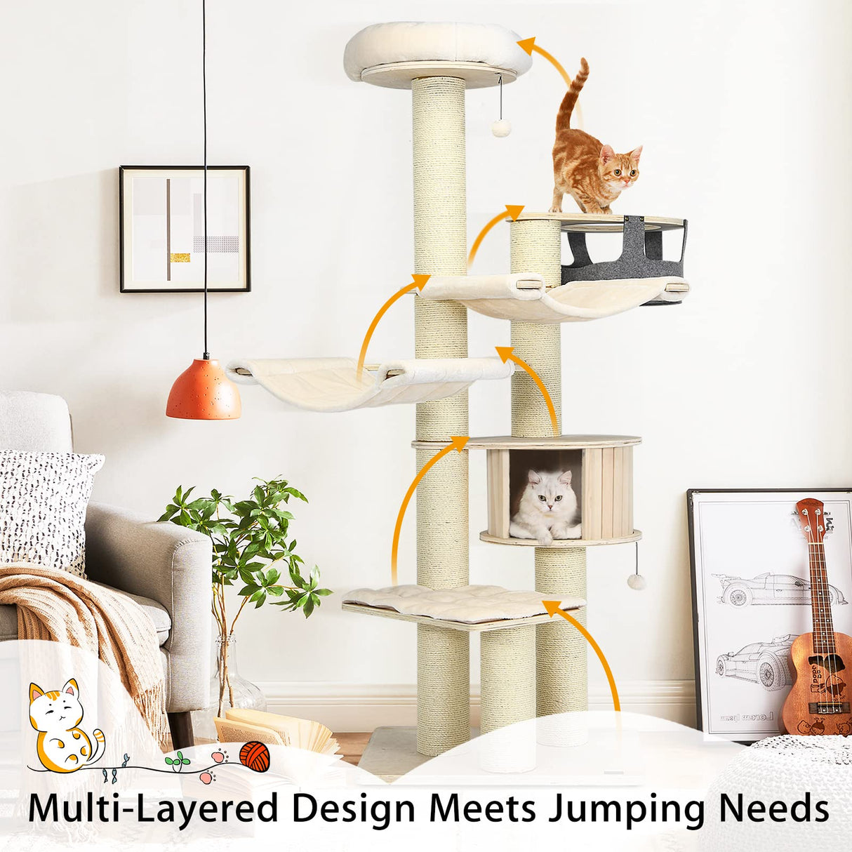 Tangkula Large Cat Tree, Multi-Level Tall Cat Tower with Sisal Scratching Posts, Hammocks, Hanging Basket, Cat Condo and Removable Washable Cushions, Modern Wood Cat Tree for Indoor Cats Large Adult Tangkula