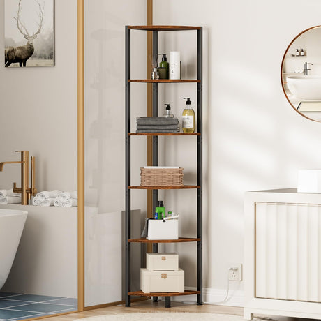 Furnulem 6-Tier LED Corner Shelf - 67.5” Tall Rustic Brown Storage & Display Unit Furnulem