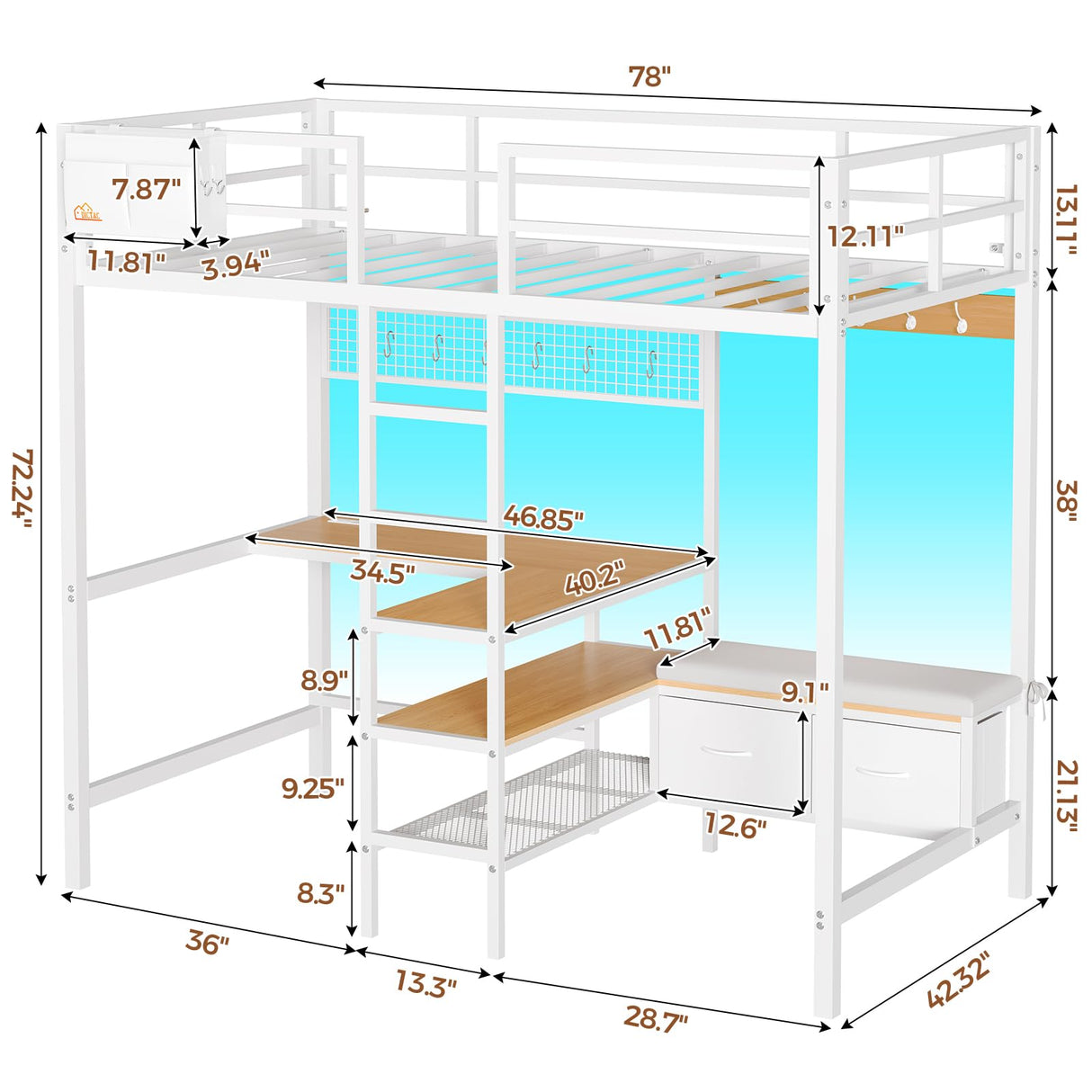 DICTAC Twin Loft Bed with L-Shaped Desk and Charging Station Twin Size Metal Bed Frame with LED Lights,Storage Shelves and Coat Rack with 2 Storage Drawers,Top Bunk with Safety Guard & Stair, White DICTAC