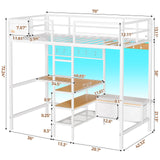DICTAC Twin Loft Bed with L-Shaped Desk and Charging Station Twin Size Metal Bed Frame with LED Lights,Storage Shelves and Coat Rack with 2 Storage Drawers,Top Bunk with Safety Guard & Stair, White DICTAC
