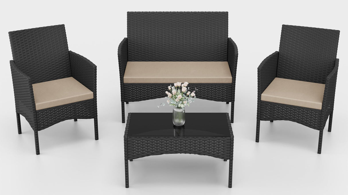 Kurapika Patio Furniture Set 4 Pieces Outdoor Wicker Rattan Chairs Conversation Sets w/Coffee Table, Rocking Bistro Set, for Patio Lawn Backyard (Sand) Kurapika