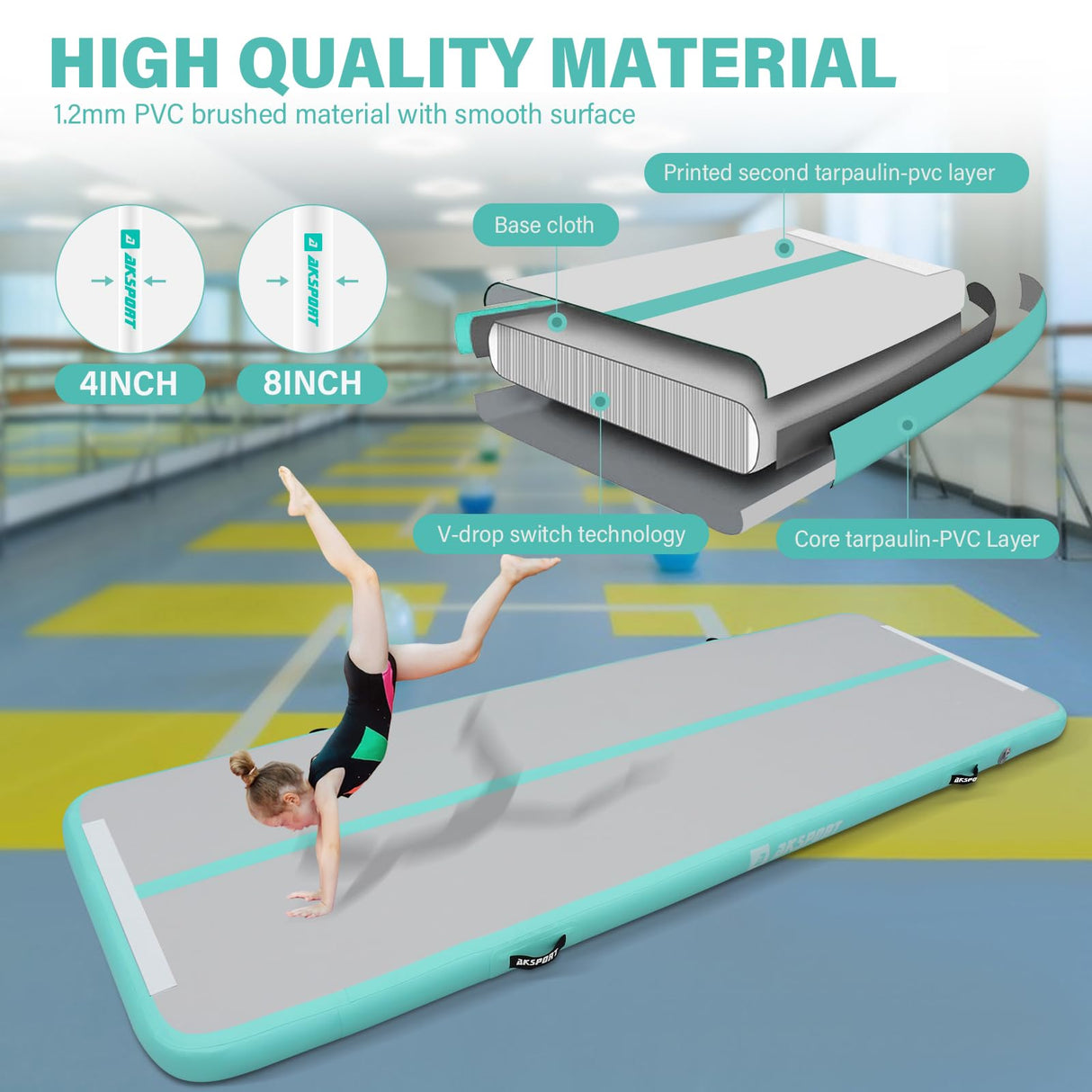 AKSPORT Air Mat Tumble Track 10ft 13ft 16ft 20ft Gymnastics Tumbling Mat Inflatable Tumble Track with Electric Air Pump for Home Use/Tumble/Gym/Training/Cheerleading (Mint Green, 13.12x3.28x0.66ft) AKSPORT
