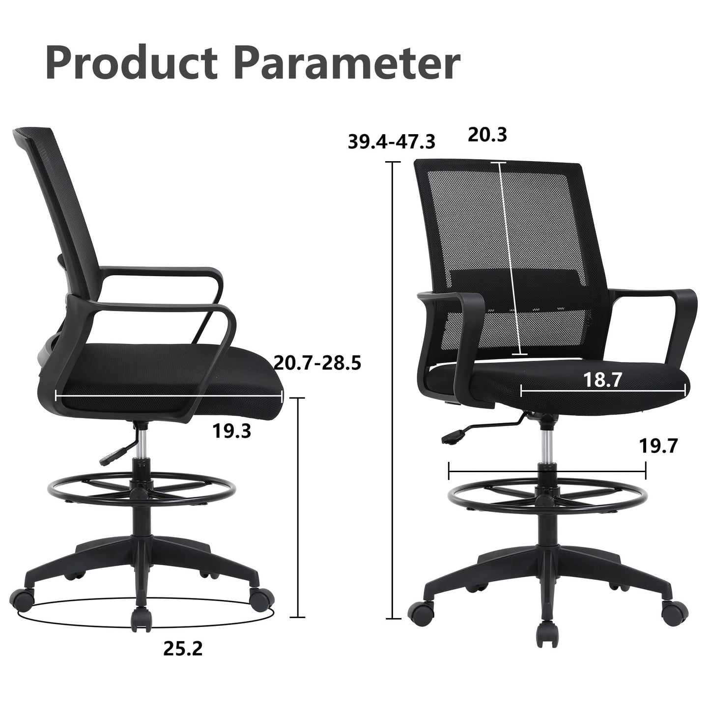 PayLessHere Drafting Chair Computer Standing Desk Chair Tall Office Chair with Lumbar Support Adjustable Foot Ring for Mesh Ergonomic Mid-Back Desk Chair (Black)