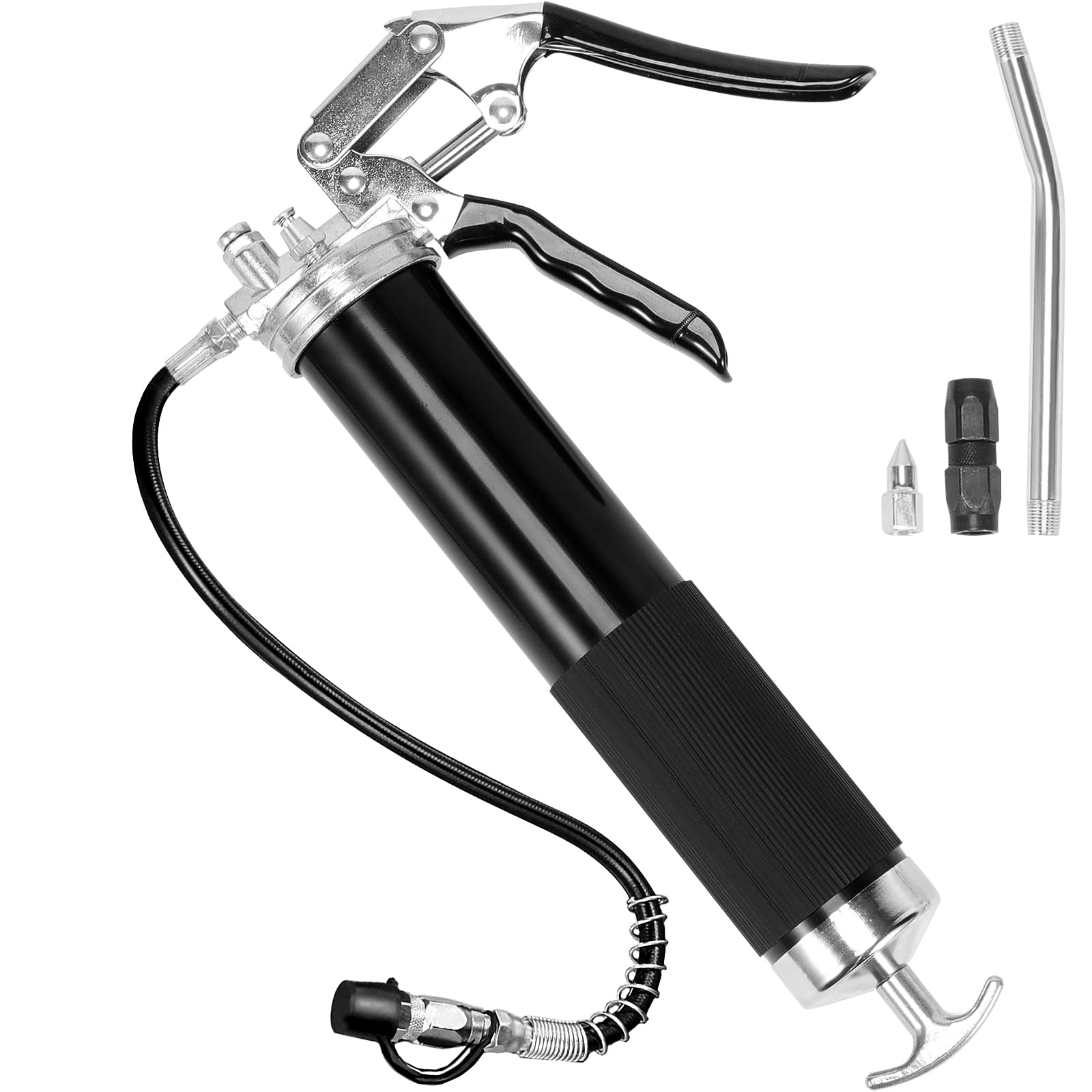 VEVOR Grease Gun, 6000 PSI Heavy Duty Pistol Grip Grease Gun, Grease Gun Kit with 14 oz Load, 17.72 Inch Flexible Hose, 1 Flat Couplers, 1 Pointed Coupler, and 1 Bent Metal Pipe - WoodArtSupply