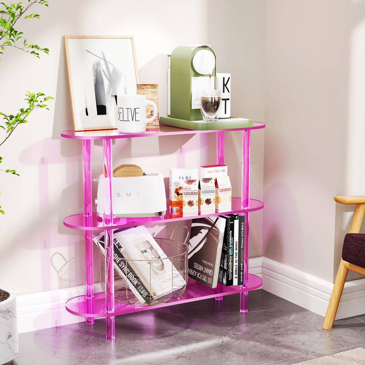 solaround Clear Bookshelf, Acrylic Bookcase with Open Book Shelf Console Table for Entryway Office (3 Tier Pink) solaround
