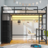BTHFST Twin Loft Bed with Desk & 8 Storage Drawers Tall Dresser, Black Metal Loft Bed with LED Lights & Charging Station, 2-Tier Storage Shelves, Stable & Sturdy, Noise Free, Space Saving, Grey BTHFST