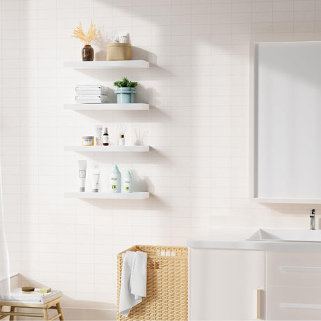 Bellsal Floating Shelves for Wall, White Engineered Wood Wall Shelf Set of 4, 16" Wall Mounted Floating Shelf for Kitchen, Living Room, Bedroom, Bathroom Storage, Book Shelf for Walls Home Decor Bellsal