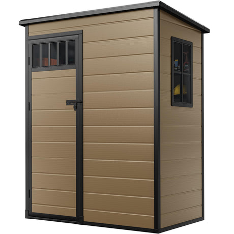 DWVO 5x3FT Outdoor Storage Shed with Fence-Style and Side Windows, Floor, Lockable Doors, Plastic Storage for Backyard and Garden, Brown DWVO