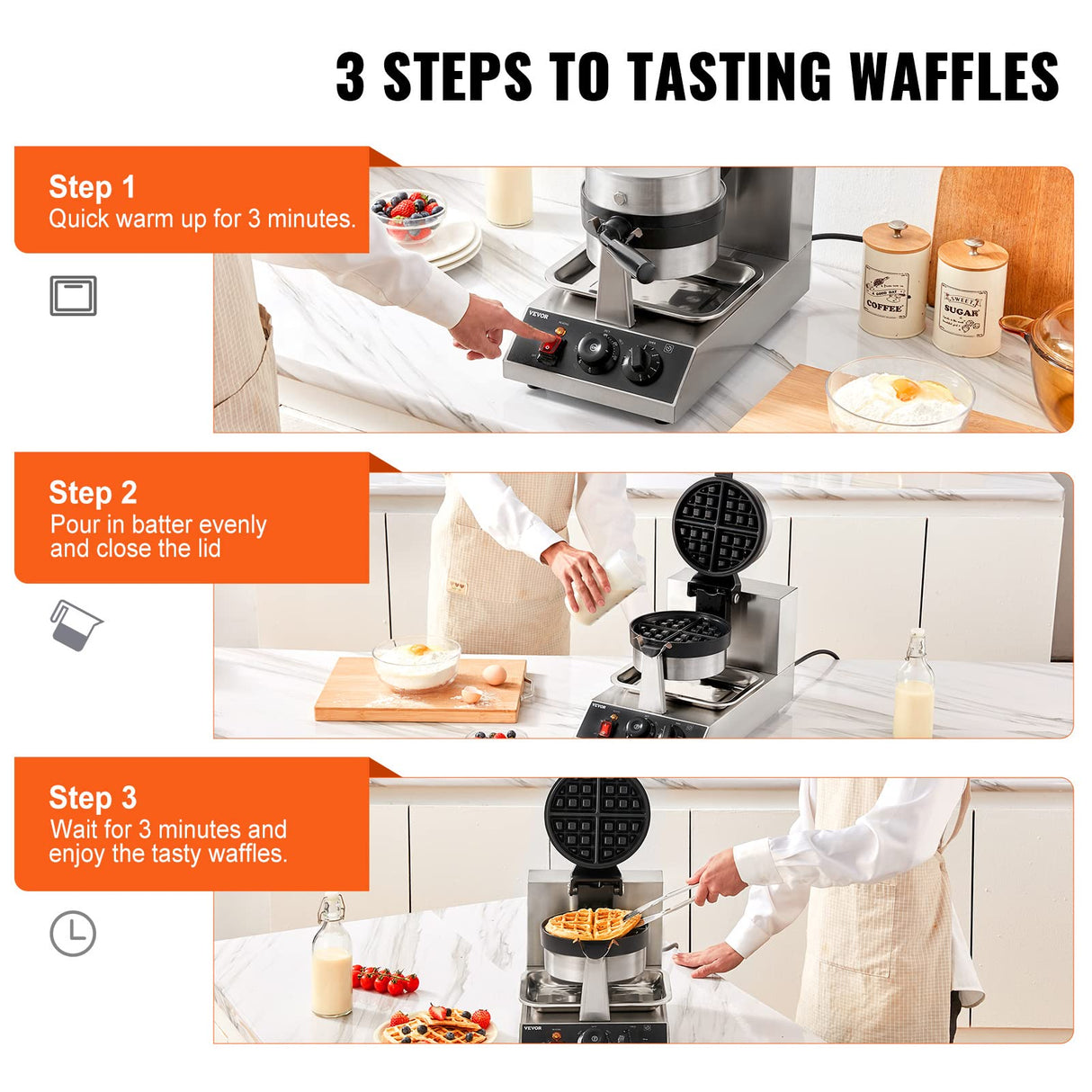 VEVOR Commercial Waffle Maker, 1300W Round Waffle Iron, Non-Stick Rotatable Waffle Baker Machine With 122-572℉ Temp Range and Time Control, Teflon-Coated Baking Pan Stainless Steel Body 120V VEVOR