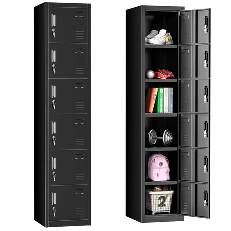 INTERGREAT Metal Locker for Employees with 6 Doors, (72") Black Steel Locker Storage Cabinet with 6 Tiers,Tall Office Storage Lockers for Home Office,School,Gym INTERGREAT