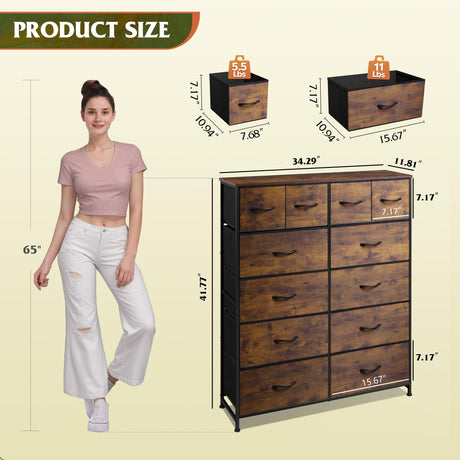 WLIVE Tall Dresser for Bedroom with 12 Drawers, Dressers & Chests of Drawers, Fabric Dressers for Closet, Storage Dresser Organizer with Steel Frame, Wood Top, Rustic Brown Wood Grain Print WLIVE