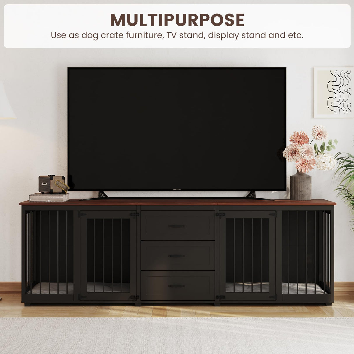 Furniture Style Dog Crate - Farmhouse Wooden Dog Kennel Furniture with 3 Drawer, Double Doors with Locks, 95"x23"x32"H, Black MOWPEX