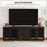 Furniture Style Dog Crate - Farmhouse Wooden Dog Kennel Furniture with 3 Drawer, Double Doors with Locks, 95"x23"x32"H, Black MOWPEX