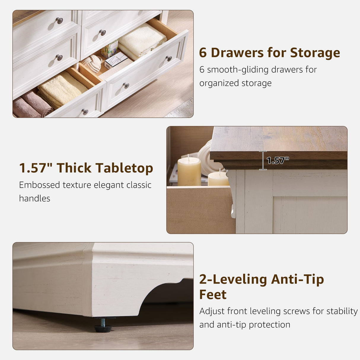 Farmhouse 6 Drawers Dresser for Bedroom, 54" Wide Large Dressers & Chests of Drawers w/Roman Column, Wooden Dresser TV Stand with Large Drawers for Nursery Bedroom Living Room Hallway, Antique White T4TREAM