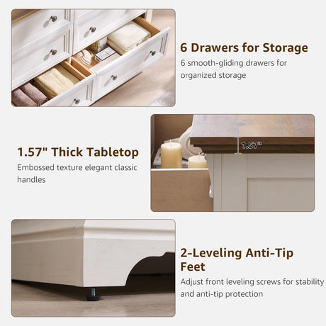 Farmhouse 6 Drawers Dresser for Bedroom, 54" Wide Large Dressers & Chests of Drawers w/Roman Column, Wooden Dresser TV Stand with Large Drawers for Nursery Bedroom Living Room Hallway, Antique White T4TREAM