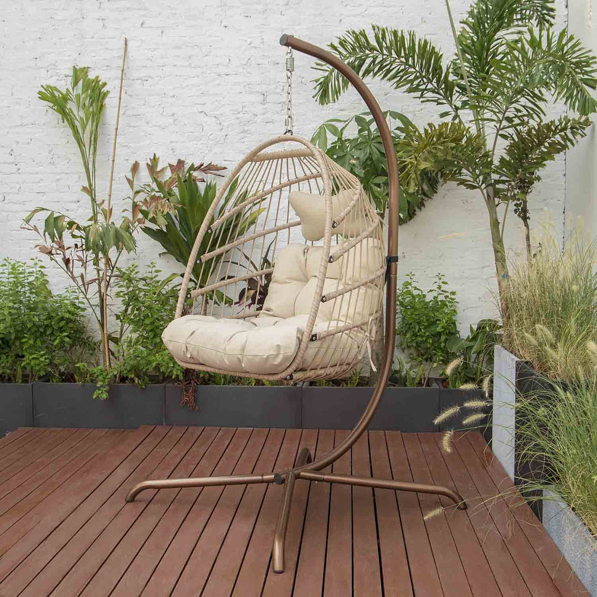 NICESOUL Indoor Outdoor Wicker Hanging Egg Chair with Stand, Cozy Patio Swing Hammock Egg Shell Chairs with Cushions, 350lbs Capacity Sturdy Porch Swing for Backyard Balcony, Beige with Cover NICESOUL