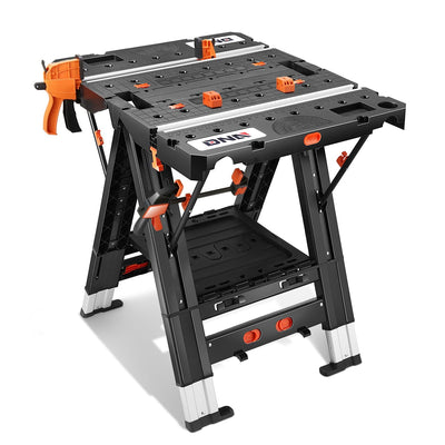 DNA MOTORING 2 in 1 Portable Workbench, Heavy-Duty Load Capacity Folding Table & Sawhorse, 31" Lx 25" W Lightweight Design Folding Work Table, w/ 2pcs Clamps, TOOLS-00712