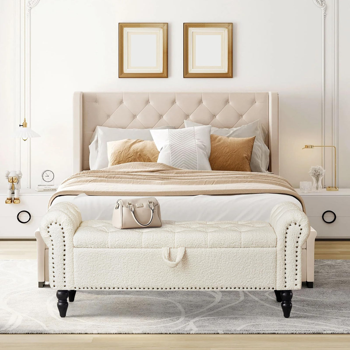 Furniliving Modern Storage Ottoman Bench, Sherpa Bench End of Bed Bench with Solid Wood Legs Upholstered Ottoman Bench with Storage Indoor Bench for Living Room with Rolled Arm, Entryway, White Furniliving