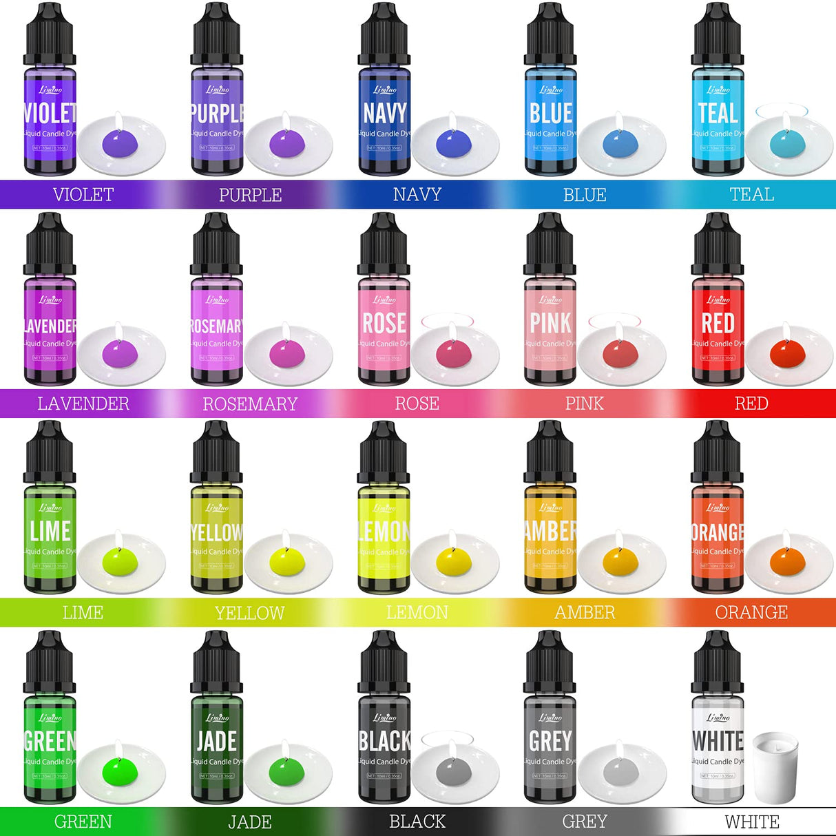 Candle Dye - 20 Color Liquid Wax Dye for DIY Making, High Concentration Color for Soy, Gel, Paraffin Wax - 10ml Each Limino