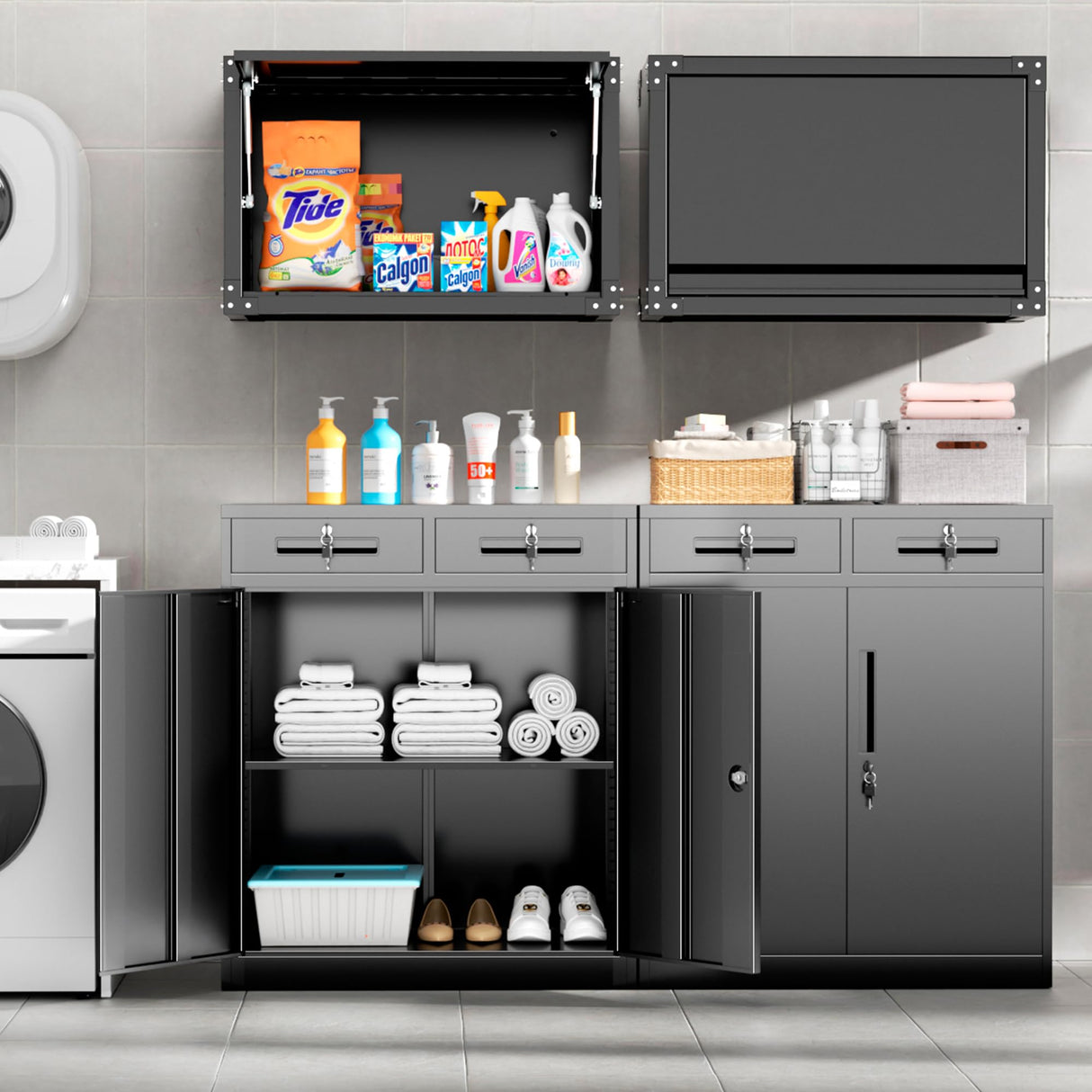 Superday 36" Locking Metal Storage Cabinet with 2 Drawers, Lockable Garage Storage Cabinet with Locking Doors and Adjustable Shelves, Black Tool Cabinet for Home Office, School, Etc Superday