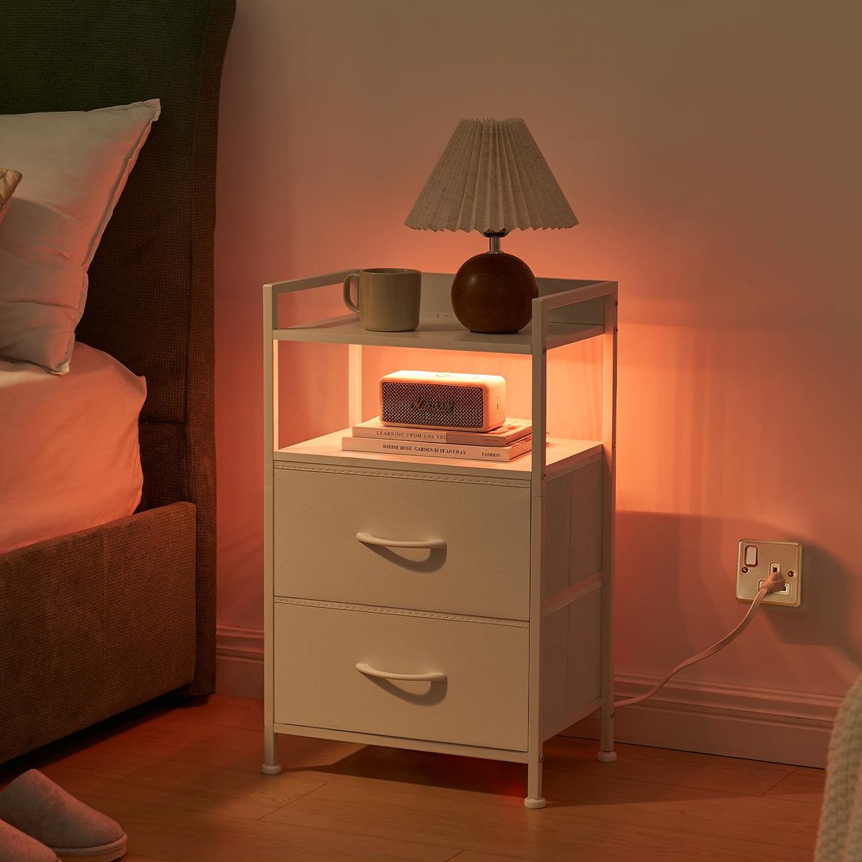 Somdot White Nightstand with Charging Station and LED Light for Bedroom, 2 Drawers Dresser with Fabric Bins for Bedside Kids Dorm Room Closet Laundry Entryway, White Leather Somdot