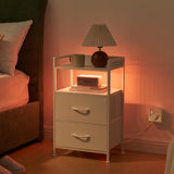 Somdot White Nightstand with Charging Station and LED Light for Bedroom, 2 Drawers Dresser with Fabric Bins for Bedside Kids Dorm Room Closet Laundry Entryway, White Leather Somdot