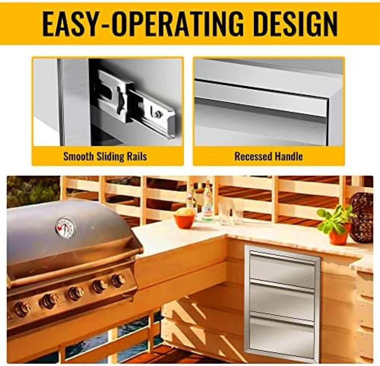 Outdoor Kitchen Drawer Stainless Steel BBQ Triple Drawer Flush Mount for Outdoor Kitchen Island,-14W X 21H X 23D Inch WoodArtSupply