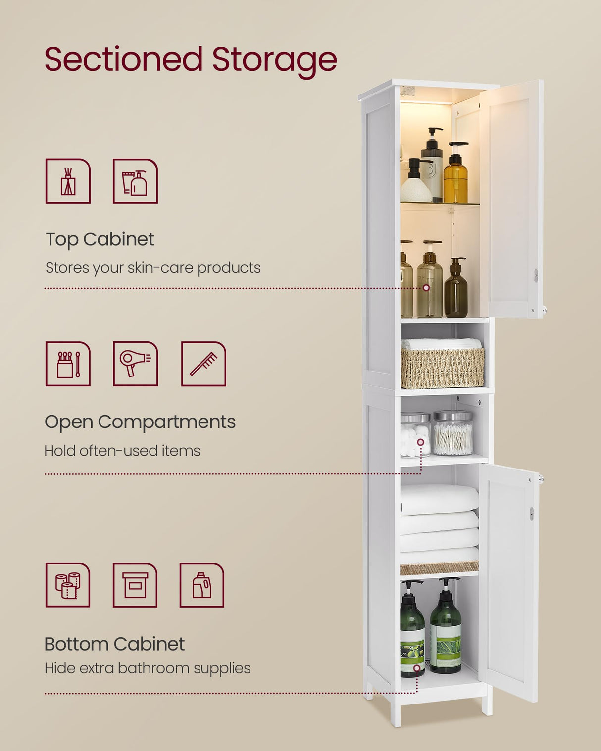 VASAGLE Tall Bathroom Cabinet with Lights, Slim Freestanding Bathroom Storage Cabinet, with Adjustable Shelves, Narrow for Small Spaces, Modern, 11.8 Inches Wide, Cloud White UBBC566W02 VASAGLE