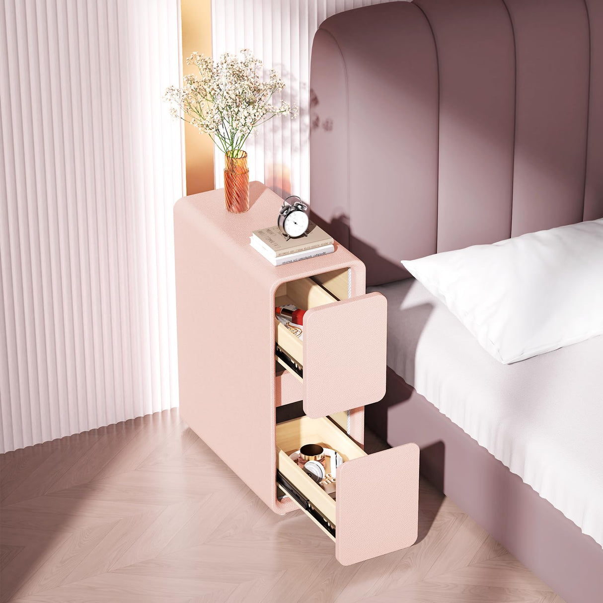 VICITON Modern Narrow Faux Leather Nightstand, Solid Wood Drawer, Storage Accent Table, Small Side End Table for Bedroom (Pink, Narrow) VICITON