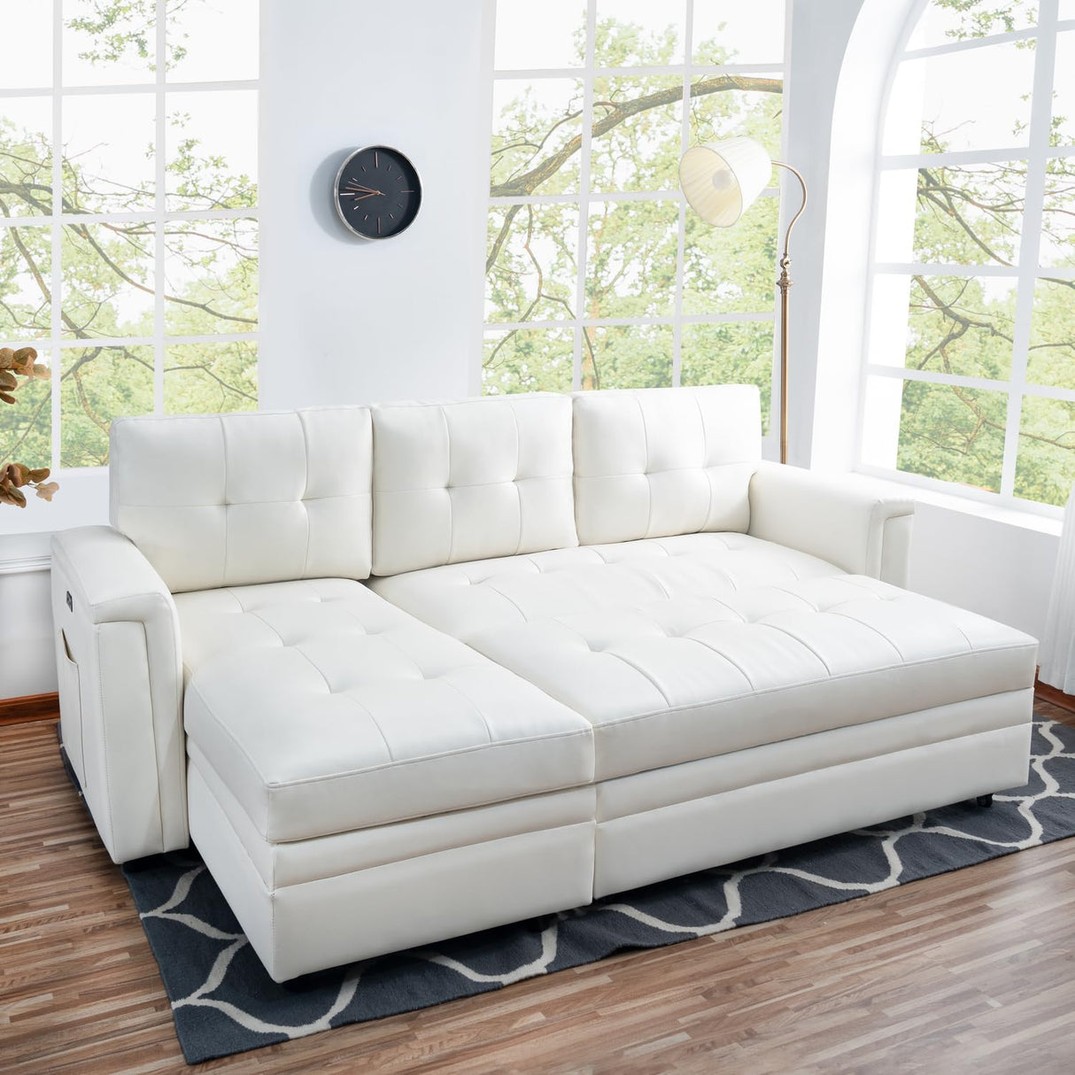 Naomi Home L-Shaped Sectional Sleeper Sofa with USB Ports - Convertible Pull-Out Bed, Ample Storage, Timeless Design, Durable Construction, White/Air Leather Naomi Home