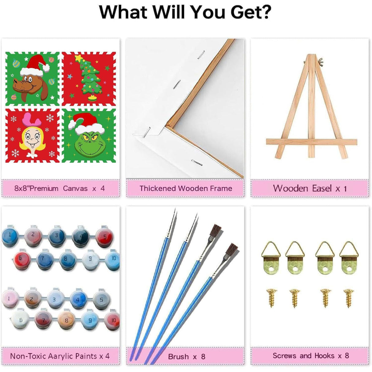 askkqtx 4 Pack Framed Paint by Numbers Kit for Kids - with Wooden Easel, Christmas Paint by Numbers Kit for Kids Ages 4-8-12, DIY Christmas Paint by Numbers with Frame for Home Wall Decor 8x8 Inch askkqtx