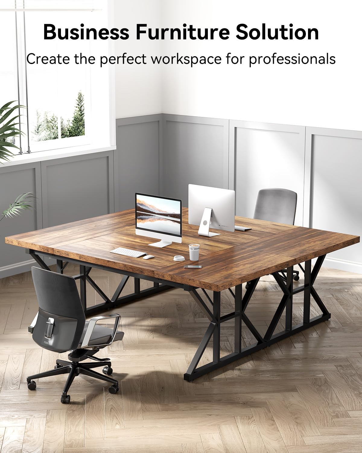 LITTLE TREE 70.8-Inch Large Executive Desk, Farmhouse Computer Office Desk, Wooden Work Desk Writing Table for Home Office, Brown-Black LITTLE TREE