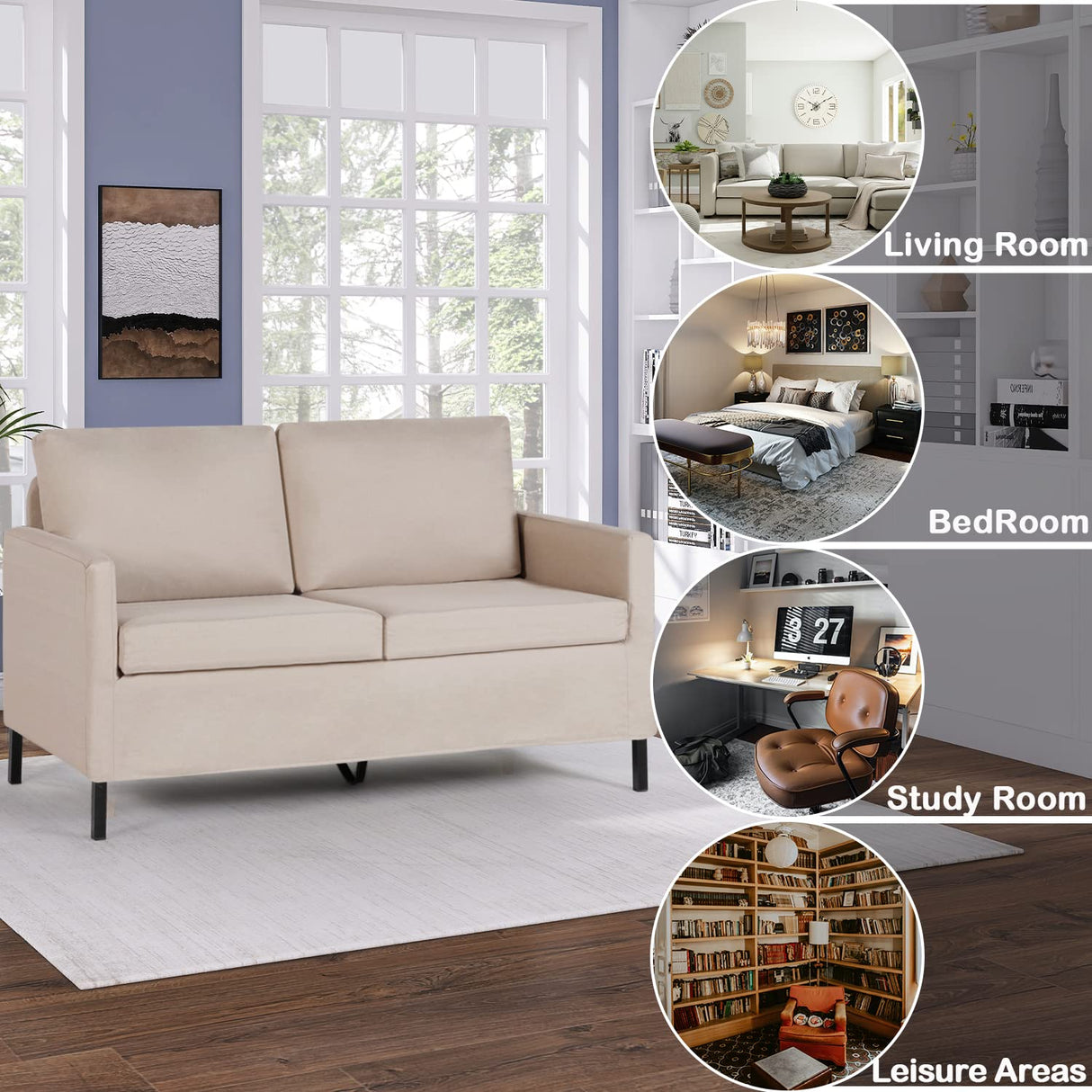 AILEEKISS 51" W Loveseat Sofa Modern Upholstered Sofas Couch with 2 Pillows Linen Fabric Comfy Love Seats Couches for Living Room, Bedroom, Apartment and Small Space (Cream-White) AILEEKISS