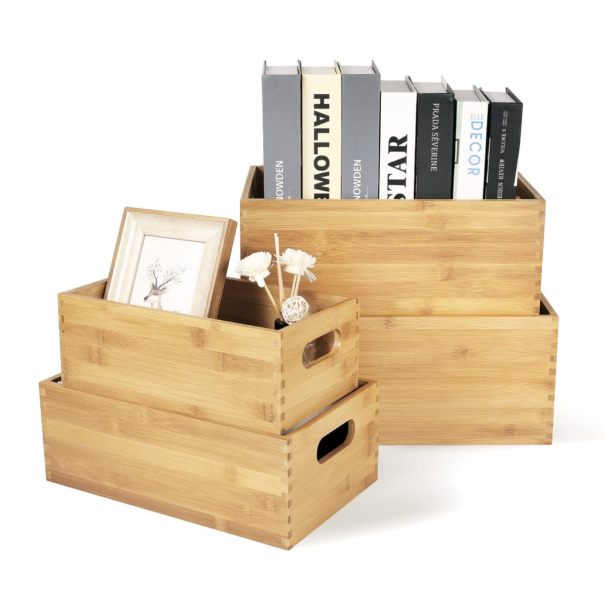 ANMINY Set of 4 Nesting Wooden Crates for Storage, Bamboo Wood Storage Containers Bins, Handmade Natural Large Wooden Storage Boxes Baskets with Handles for Organizing Shelf Closet Cabinet ANMINY