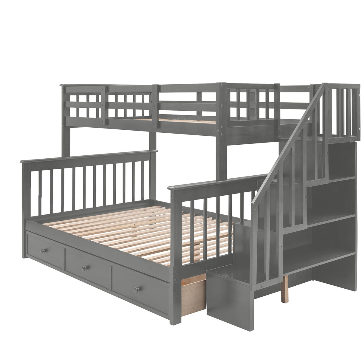 Harper & Bright Designs Twin Over Full Bunk Bed with Stairs, Solid Wood Stairway Bunk Bed with Storage Drawers for Kids Teens Adults, Bedroom, Dorm - Gray Harper & Bright Designs