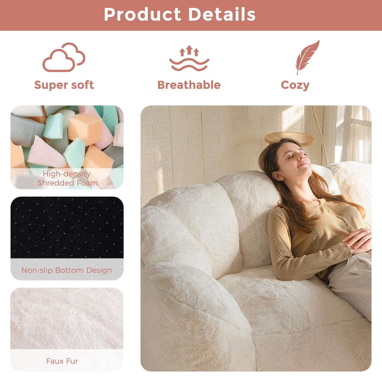 MAXYOYO Bean Bag Chair for Adults, Loveseat Floral Shaped Bean Bag Sofa, Ultra Soft Love Seat Mini Sofa Couch, Faux Fur Reading Chair for Living Room Bedroom, Beige MAXYOYO