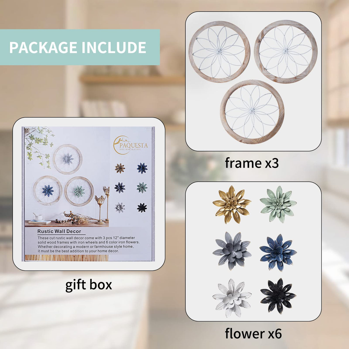 Paquesta 3 Piece Round Farmhouse Wall Decor with 6 Piece Interchangeable Flowers 12'' Medallion Wood & Metal Rustic Wall Art for Living Room Bedroom Kitchen Bathroom Dining Room Home Decorations Paquesta