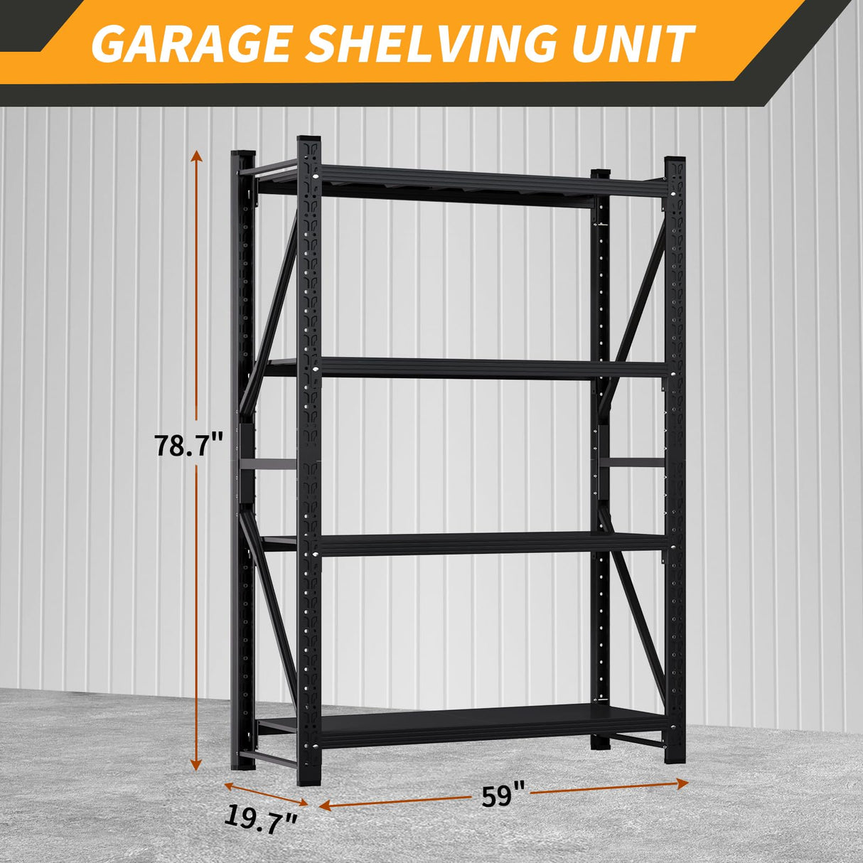 59" W Garage Shelving Units, Heavy Duty Garage 4500LBS Metal Shelves, 4 Tier Adjustable Organization Utility Shelf Storage Rack for Industrial, Basement, Warehouse (Black, 19.7" D×59" W×78.7" H) SGFHNV
