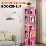 Nidouillet Rotating Bookshelf Tower, 5 Tier Spinning Bookcase Lazy Susan, Revolving 360 Book Shelf Storage Round Organizer, Vertical Rotate Turning Corner Book Case for Small Space, Pink Nidouillet