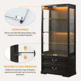 TAGELIER 67" Tall Display Cabinet with Glass Doors and 2 Drawers, Adjustable Glass Height,Curio Cabinet with 3 LED Lights and Human Body Sensor (Black) TAGELIER